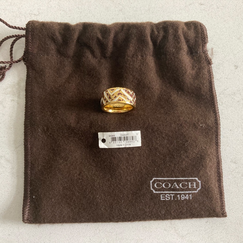 Coach White & Brown Enamel with Goldtone Ring Woman’s Sz 6